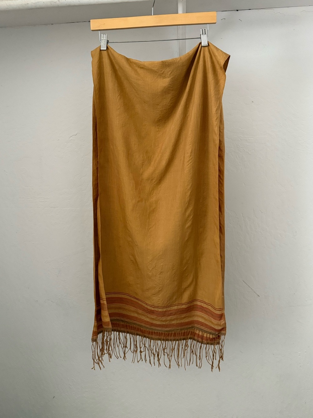 Muted Gold Long Silk Scarf or Wrap with Stripes and Fringe at Ends - Picture 6 of 6